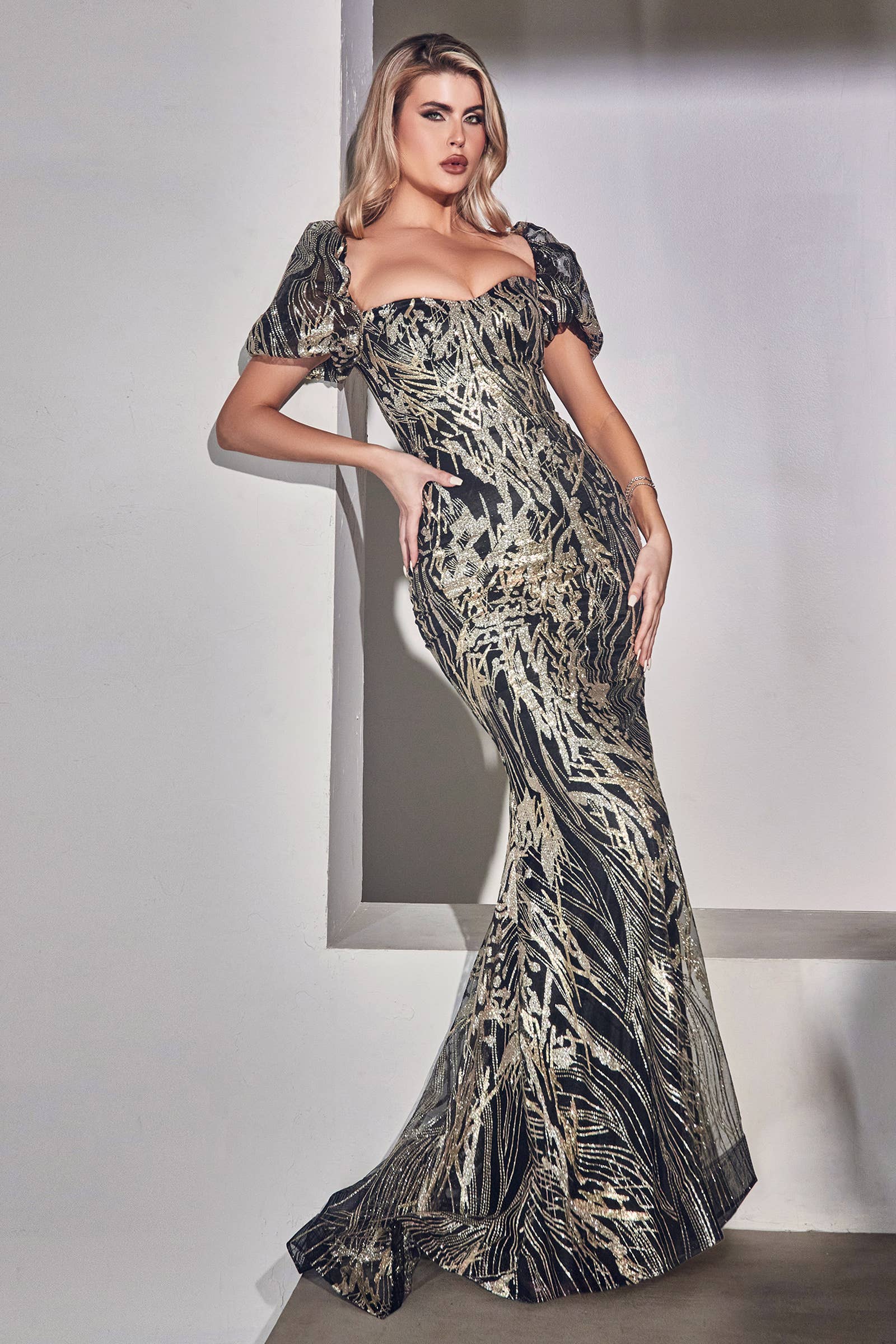 GLITTER PRINTED GOWN WITH PUFF SLEEVES