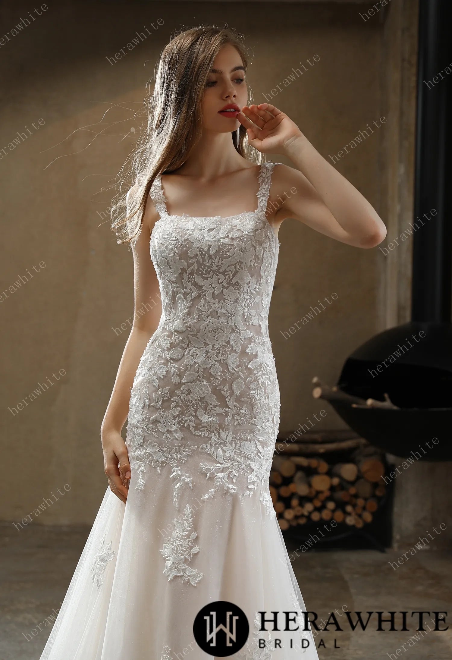 Square Neckline with Lace Straps Mermaid Wedding Gown