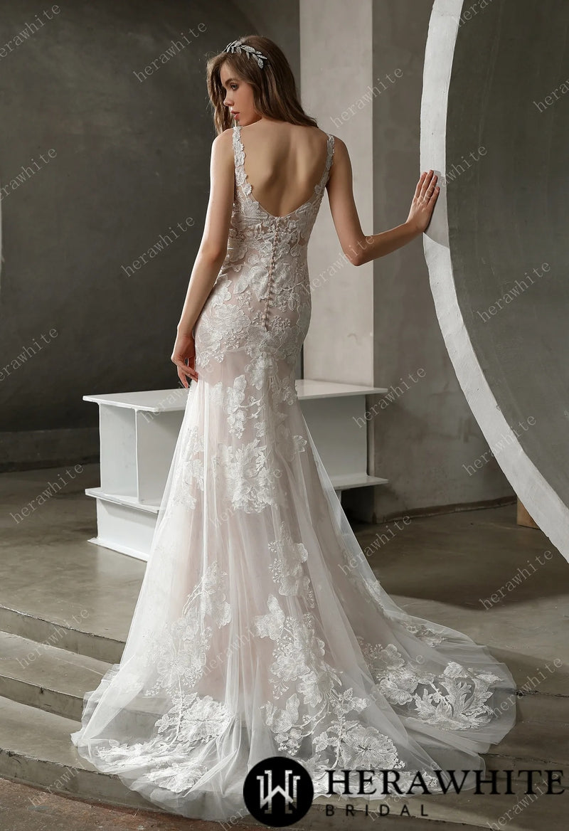 Floral Lace Plunging V-neck Bridal Gown with Flutter Sleeves