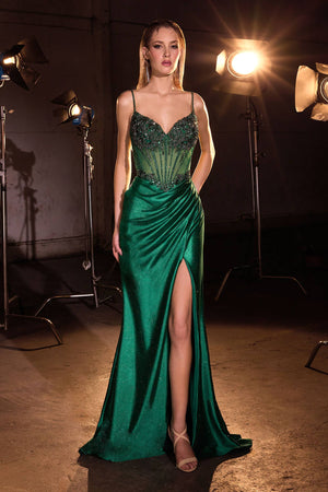 SATIN FITTED PROM DRESS WITH BEADED BODICE