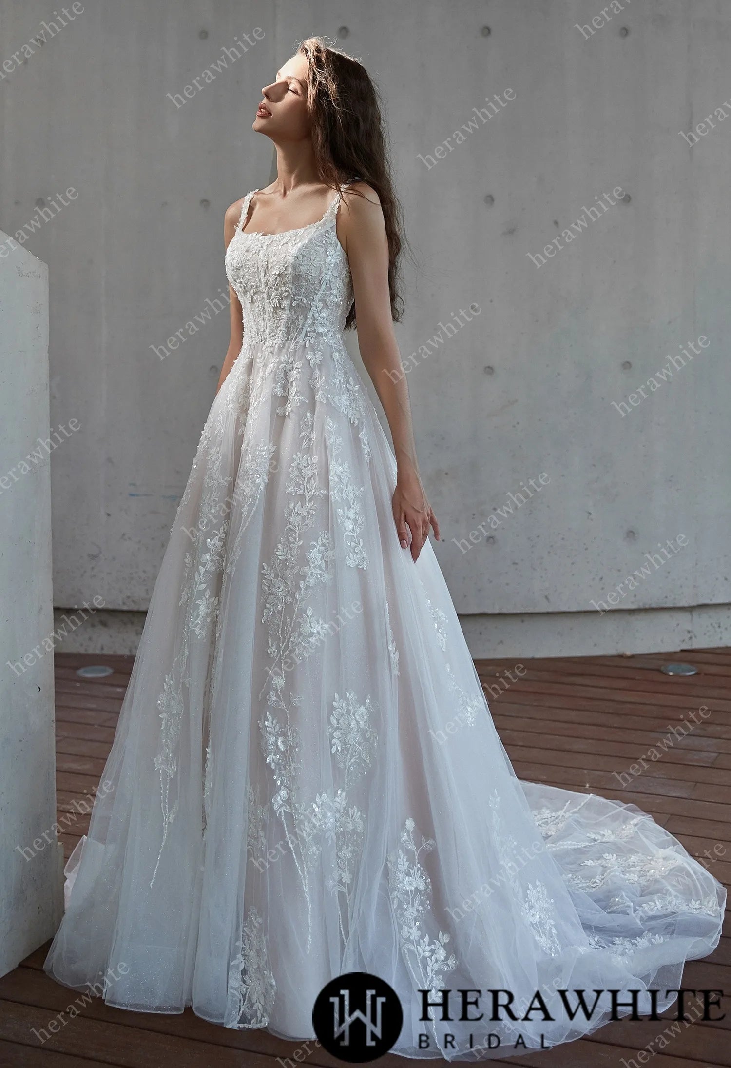 Square Neckline Delicate Bead Lace Wedding Dress – Forever & Always