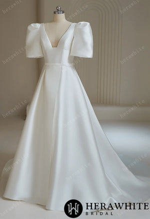 Mikado Square Neck and Puff Sleeve Wedding Dress