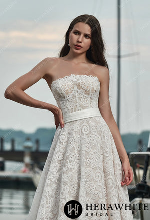 Strapless Lace Wedding Dress with Belt and Detachable Bow Forever & Always Strapless Lace Wedding Dress with Belt and Detachable Bow Forever & Always