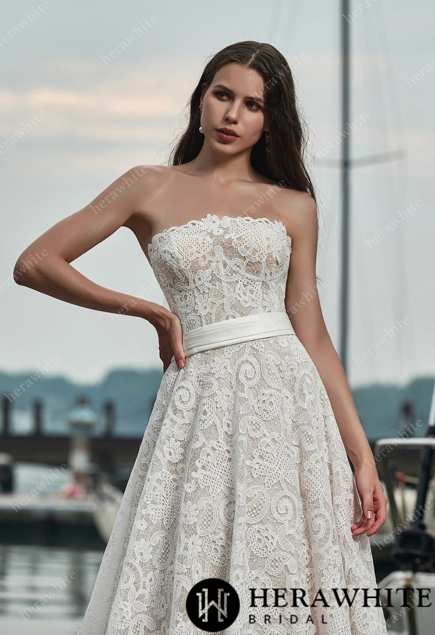 Strapless Lace Wedding Dress with Belt and Detachable Bow