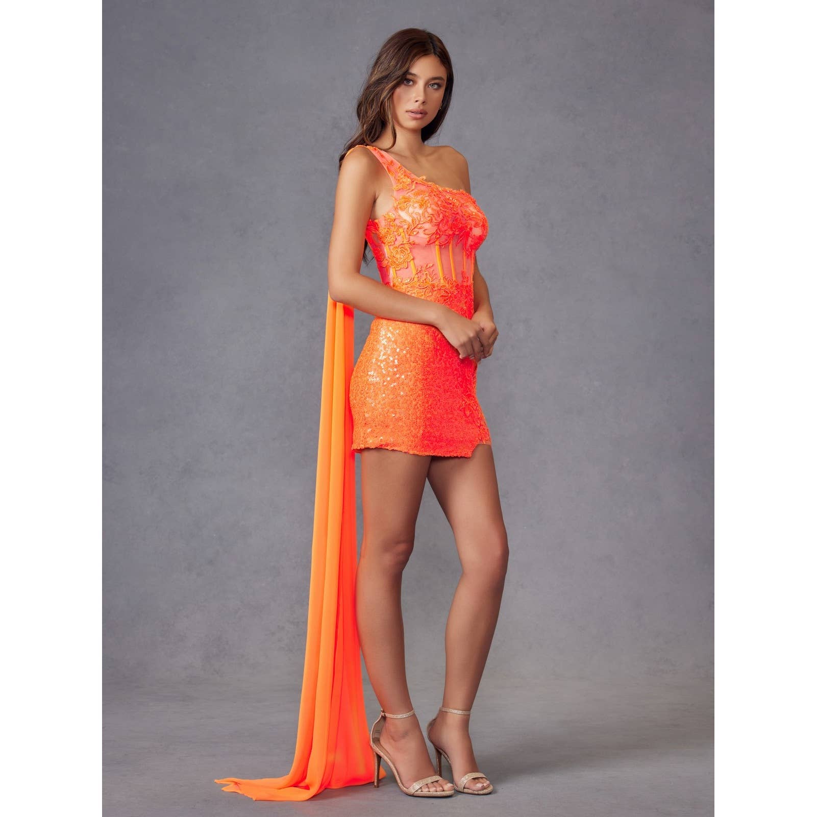 ONE SHOULDE CAPE WITH LEAF LACE BODICE COCKTAIL DRESS