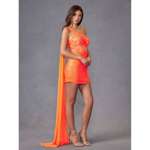 ONE SHOULDE CAPE WITH LEAF LACE BODICE COCKTAIL DRESS