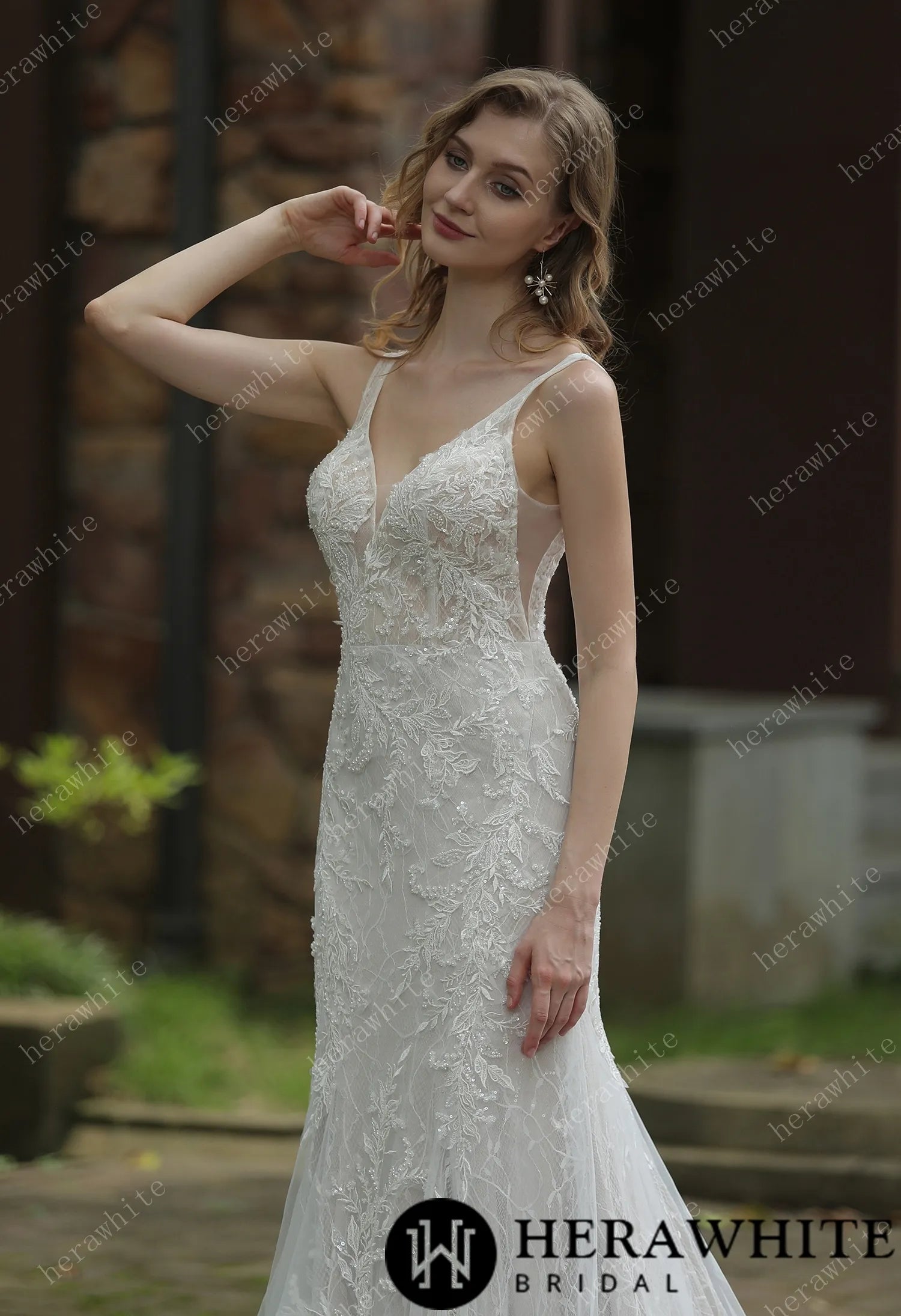 Classic V-Neck Allover Lace Fit And Flare Wedding Dress