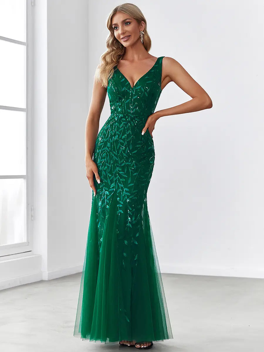 Classic Fishtail Sequin Mesh Evening Dress