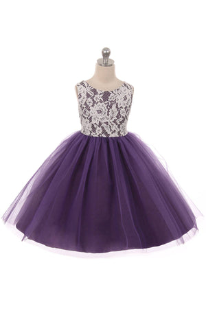 Lace Illusion Girls Dress With/Without 3 Mesh Flowers: No / Purple / 8