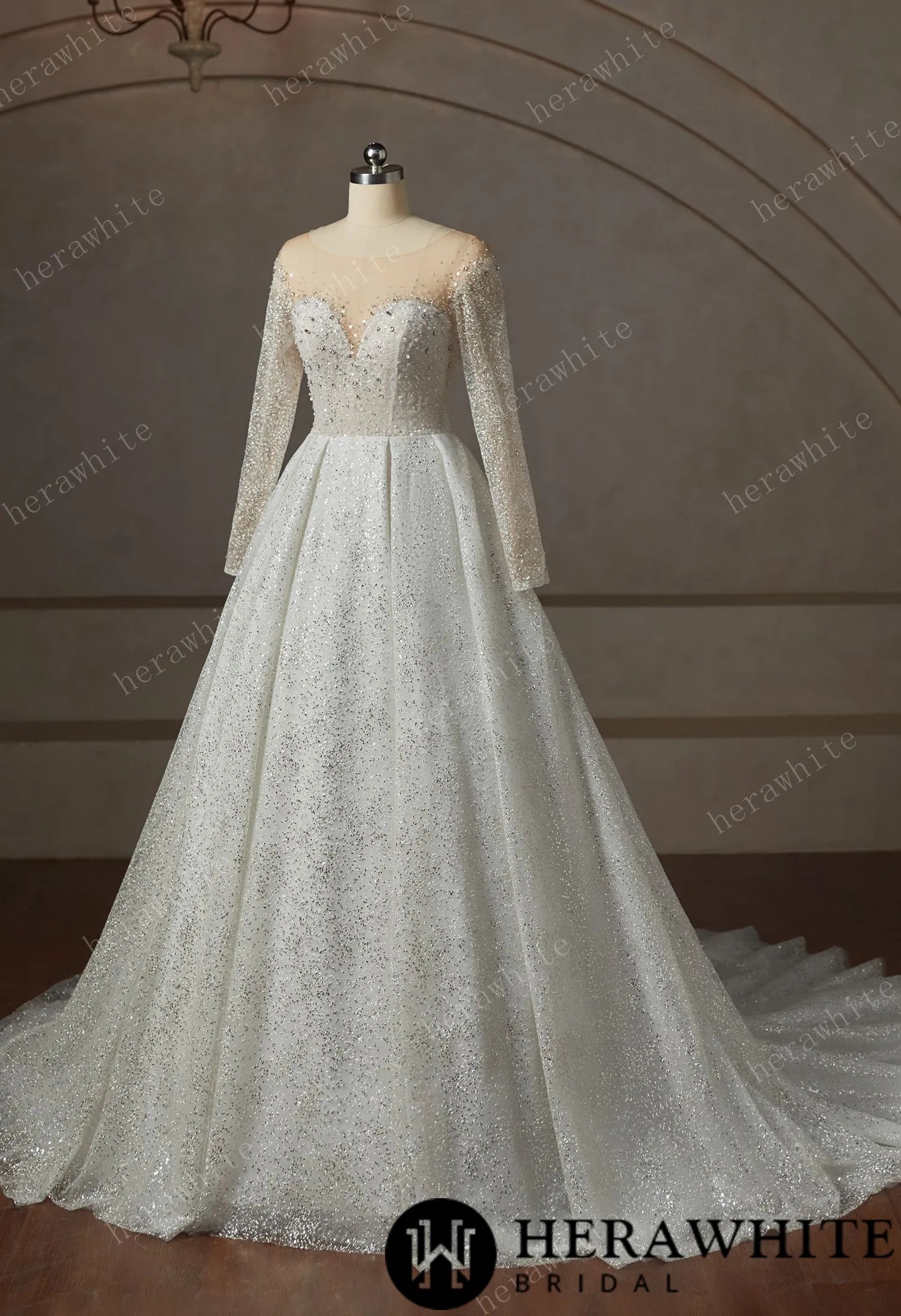 Sparkly Off The Shoulder Long Sleeve Ball Gown Wedding Dress