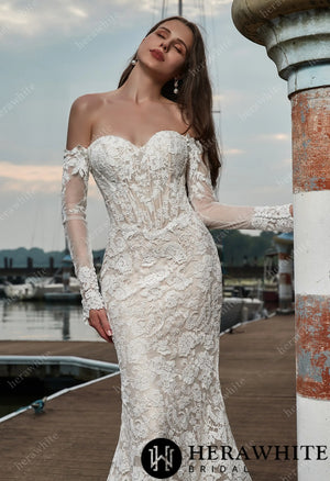 Lace Sweetheart Long Sleeves Mermaid And Hollow Wedding Dress