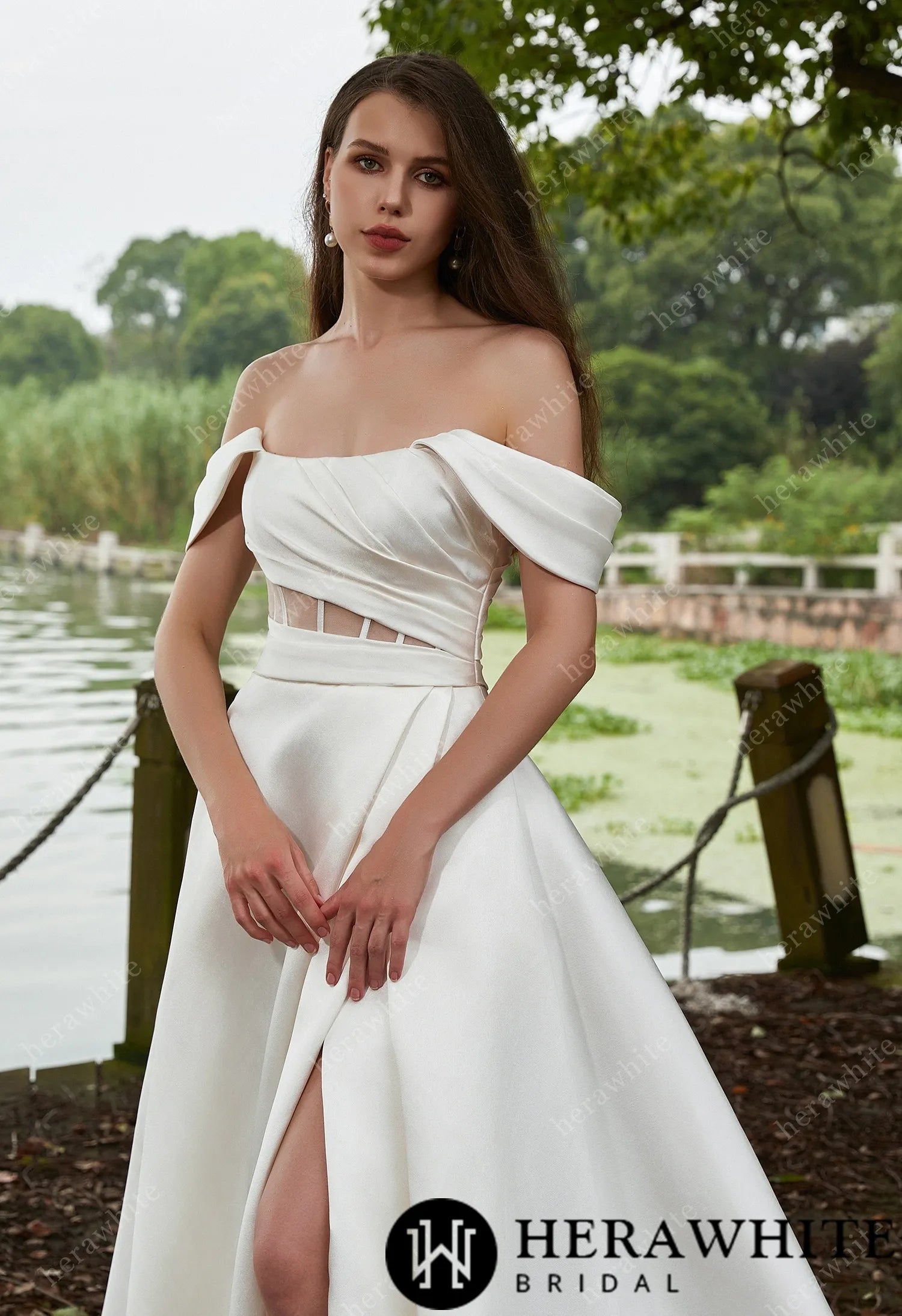 Modern Off Shoulder Grace Slit And Strapless Mikado Wedding Dress