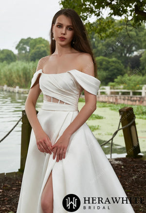Modern Off Shoulder Grace Slit And Strapless Mikado Wedding Dress