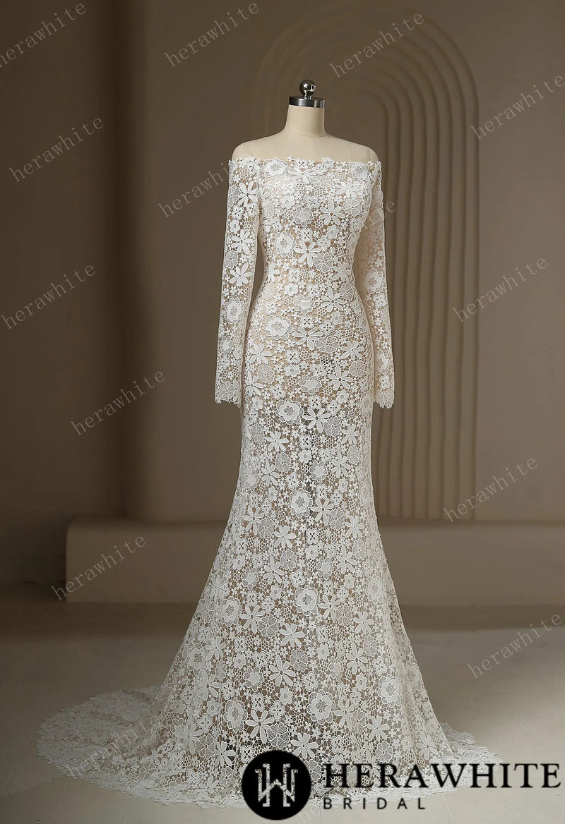 Unique Illusion Off The Shoulder Sheer Lace Wedding Dress