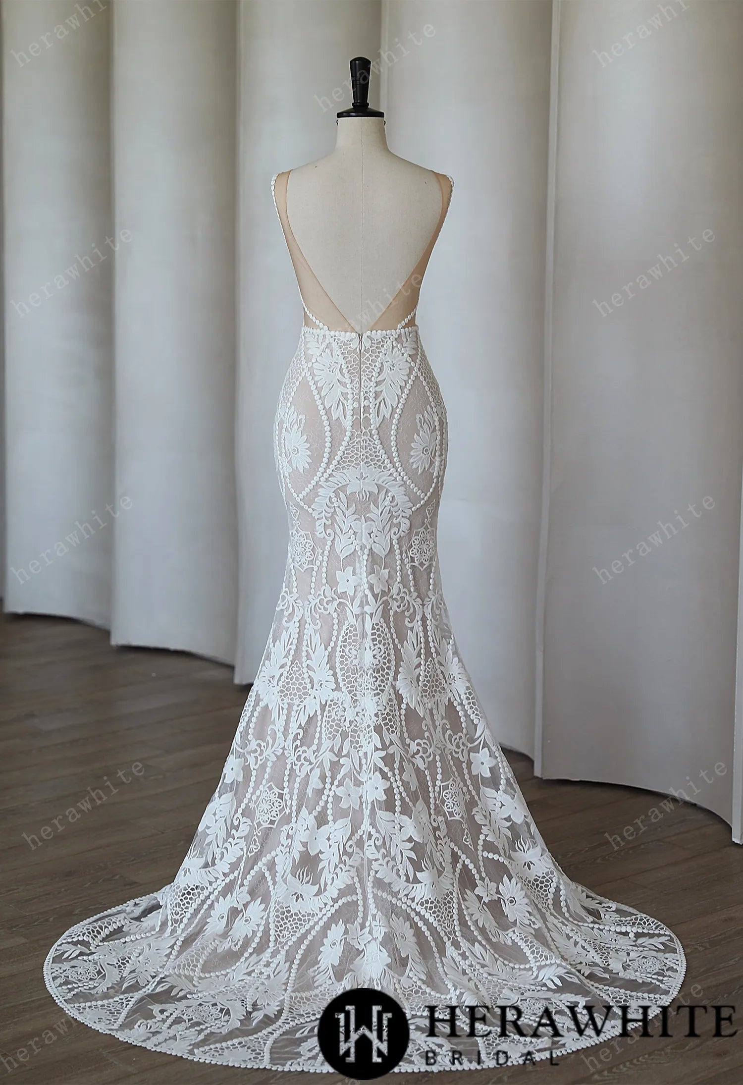 Boho Lace Mermaid Wedding Dress With Deep Plunging V Neck