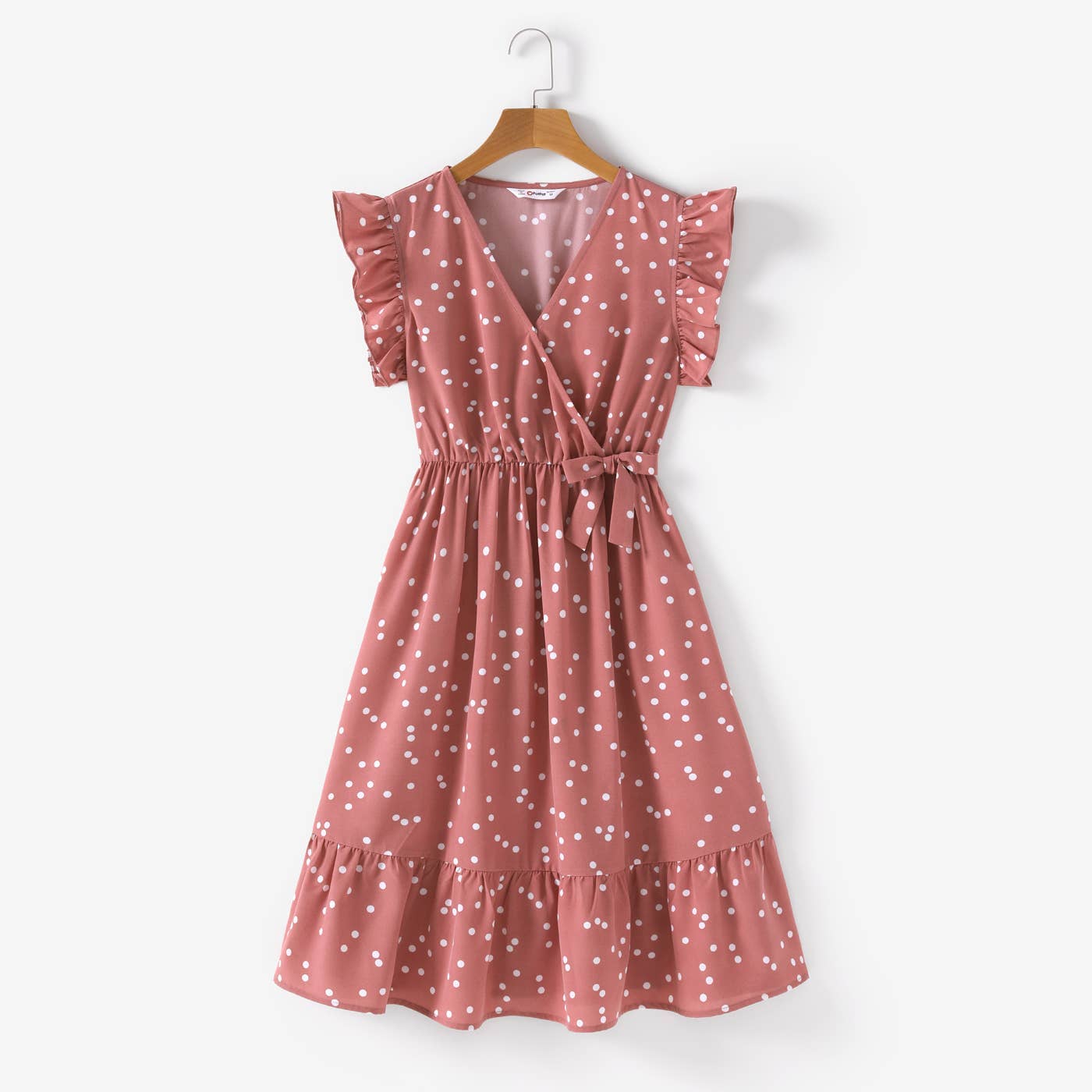 All Over Dots Pink Cross Wrap V-Neck Flutter-sleeve Dress