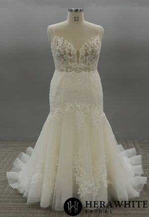 Floral Lace Plus Size Wedding Dress With Plunging V-neckline