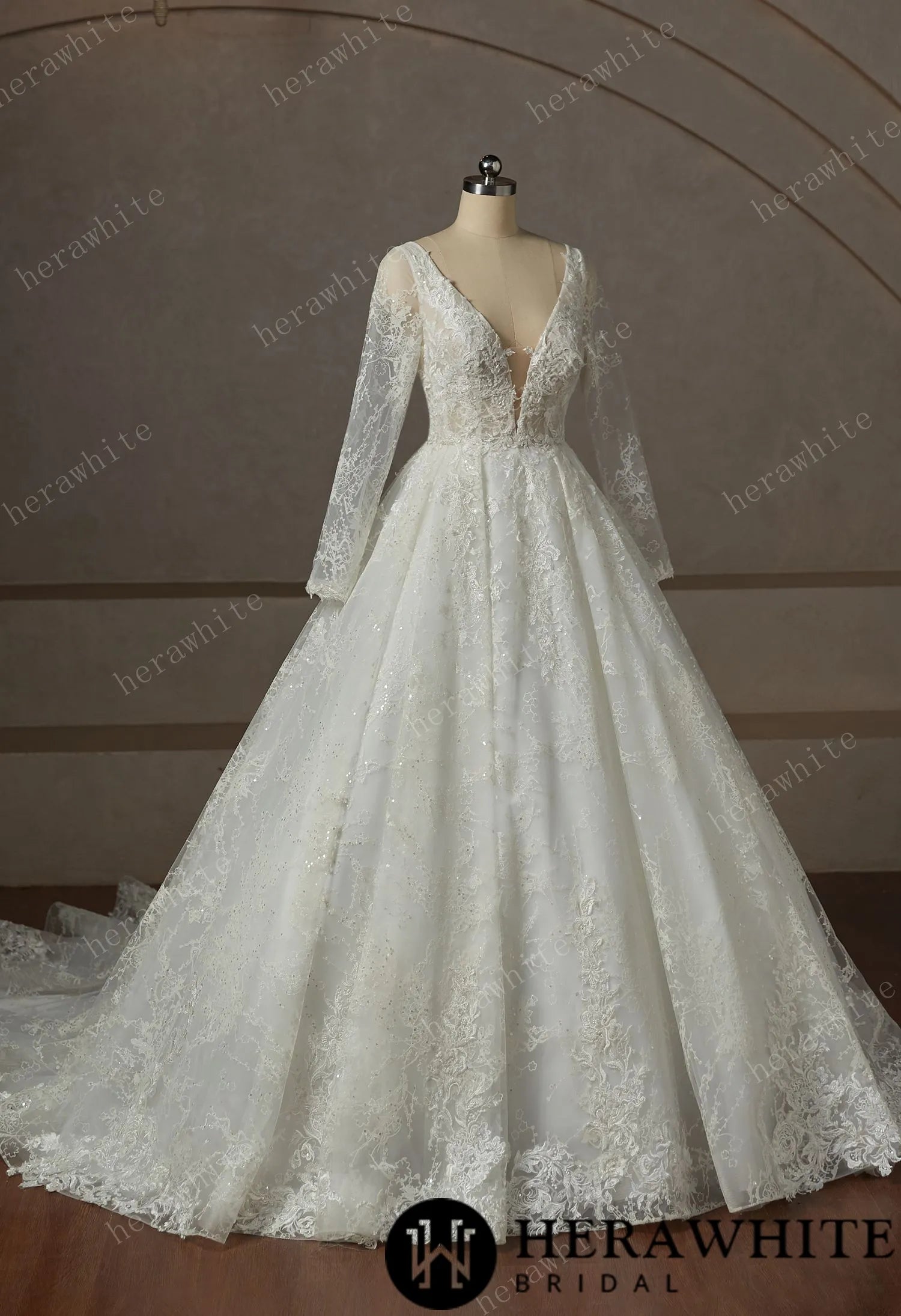 V-Neck Sparkly Wedding Gown With Long Sleeve