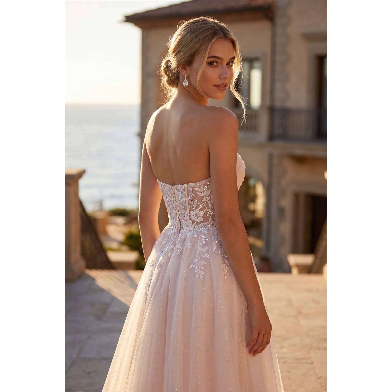 MESH STRAPLESS GOWN WITH SHEER EMBROIDERED LACE WAIST