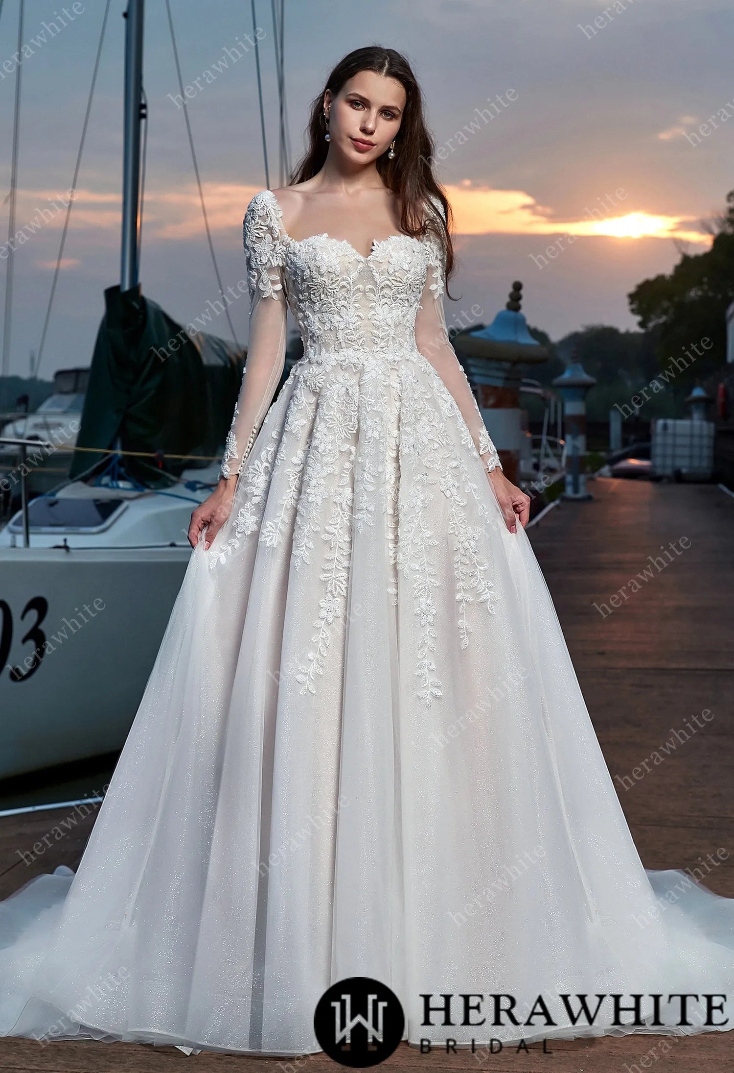 Elegant Vine Long Sleeve Sweetheart Wedding Dress