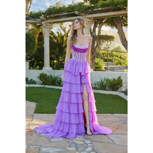 TIERED CHIFFON GOWN WITH STRUCTURED SHIMMERING BODICE