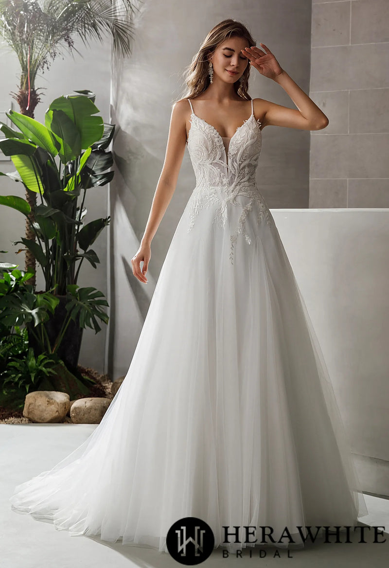 Beaded Straps V-neck Lace A-line Long Wedding Dress