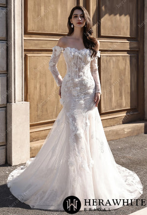 Off-the-Shoulder  3D Flower Lace Fit And Flare Wedding Dress HW3809