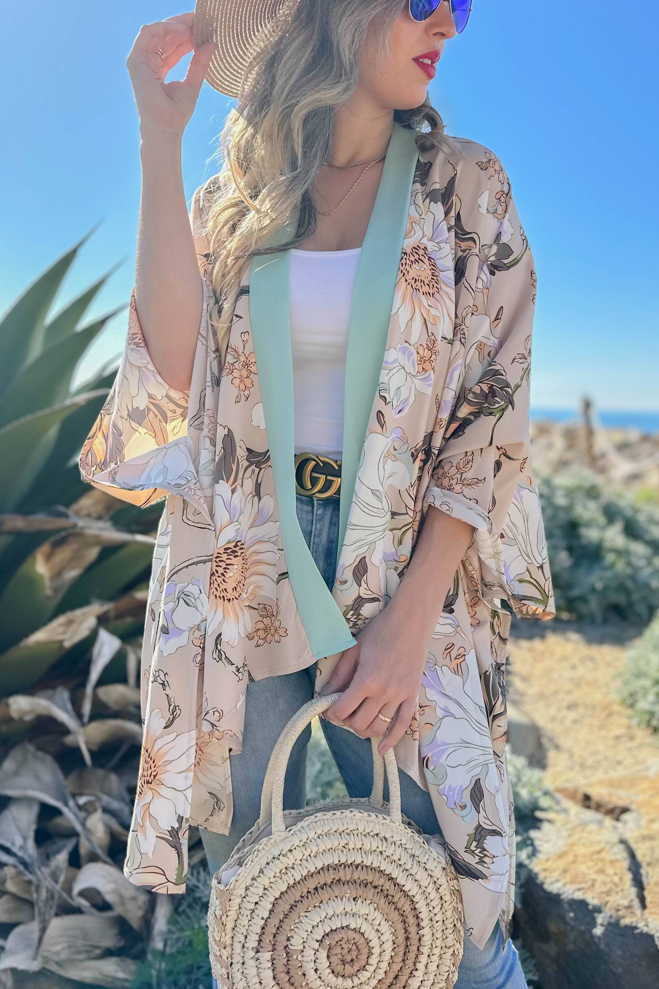 Nude Floral Printed Kimono Cardigan Cover UP