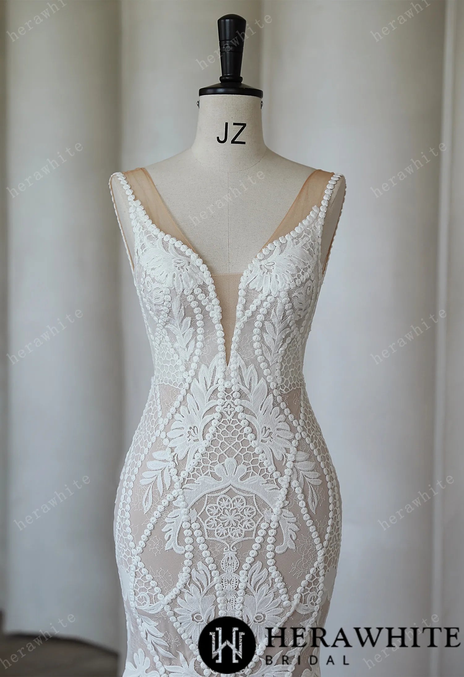 Boho Lace Mermaid Wedding Dress With Deep Plunging V Neck