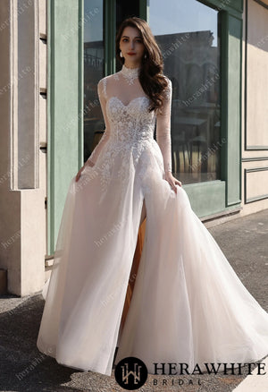 Strapless Sweetheart Beaded Lace Wedding Dress With High illusion Neck HW3841