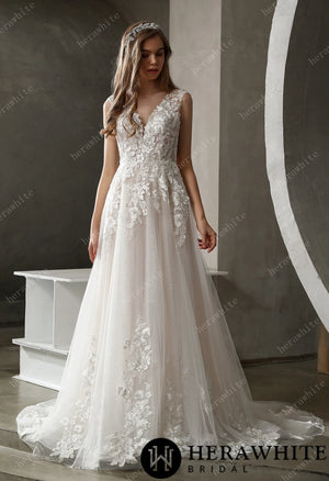 Sparkly Tulle and Lace A-Line Bridal Gown with Bateau Neckline