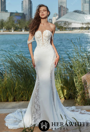 Alluring Off The Shoulder Sleeve Lace Fit-and-Flare Wedding Dress With Open Back