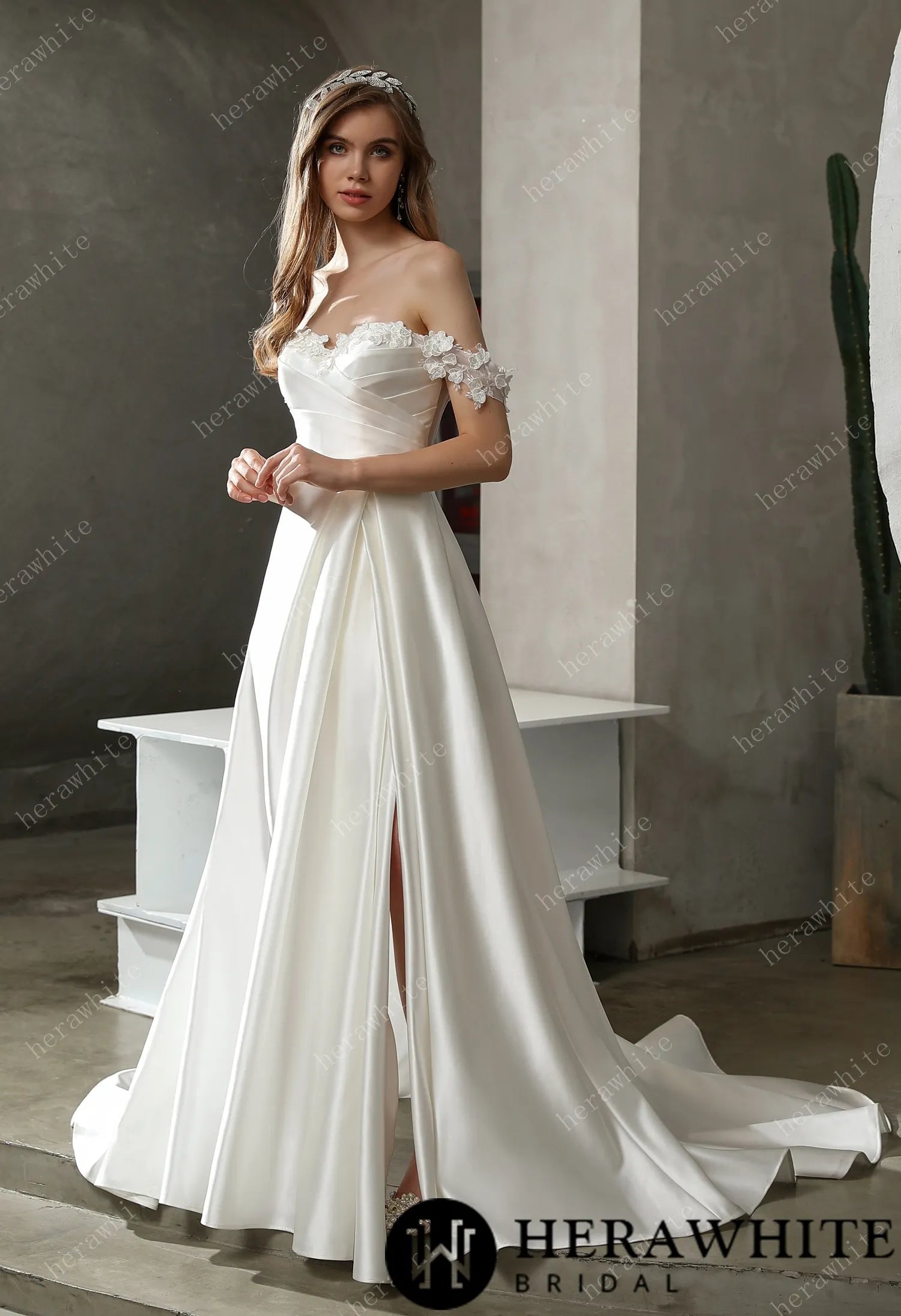 Satin Off-the-shoulder A-line Bridal Gown with Slit Skirt