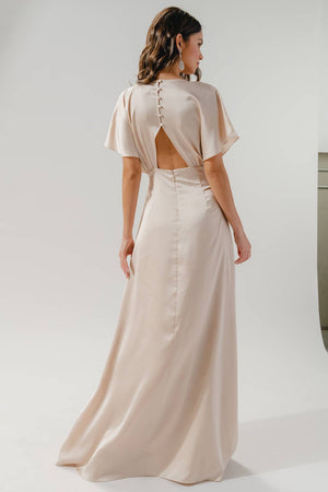Darling Flutter Sleeve Cut Out Satin Maxi Dress: Champagne / S