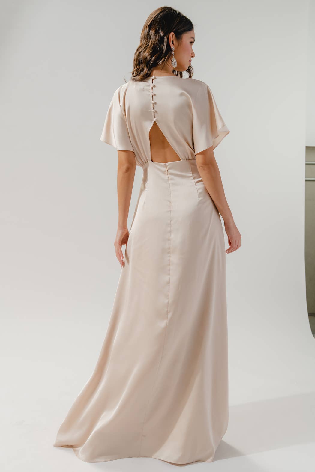 Darling Flutter Sleeve Cut Out Satin Maxi Dress: Champagne / XL
