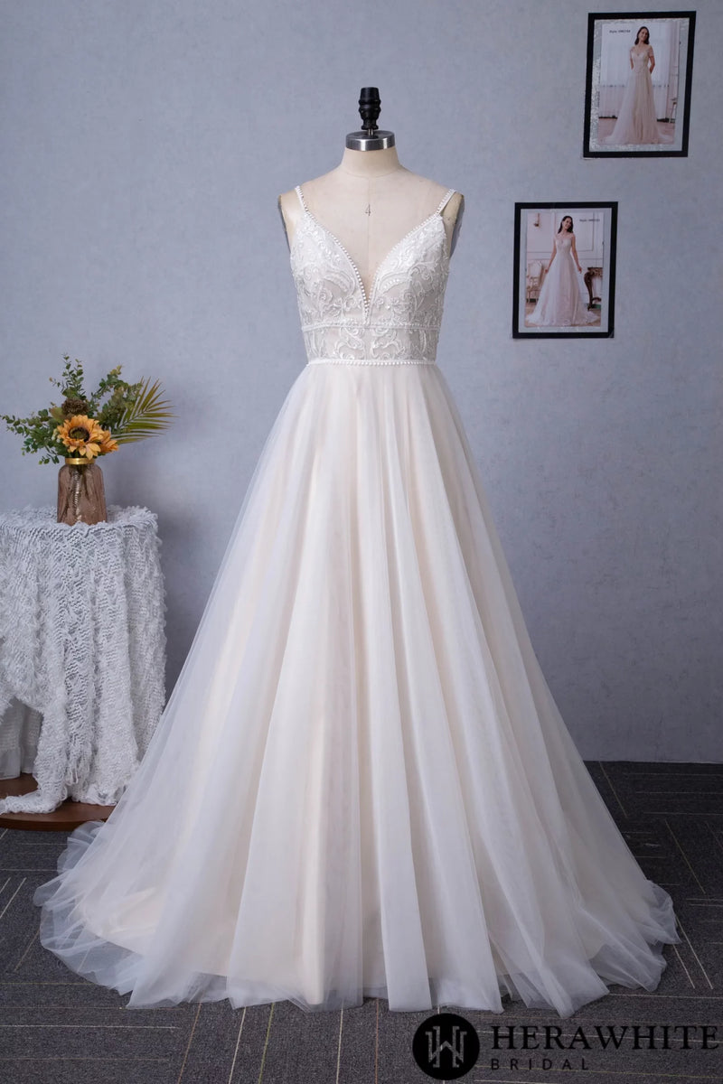 Champagne Romantic Spaghetti Straps  A-Line Wedding Dress