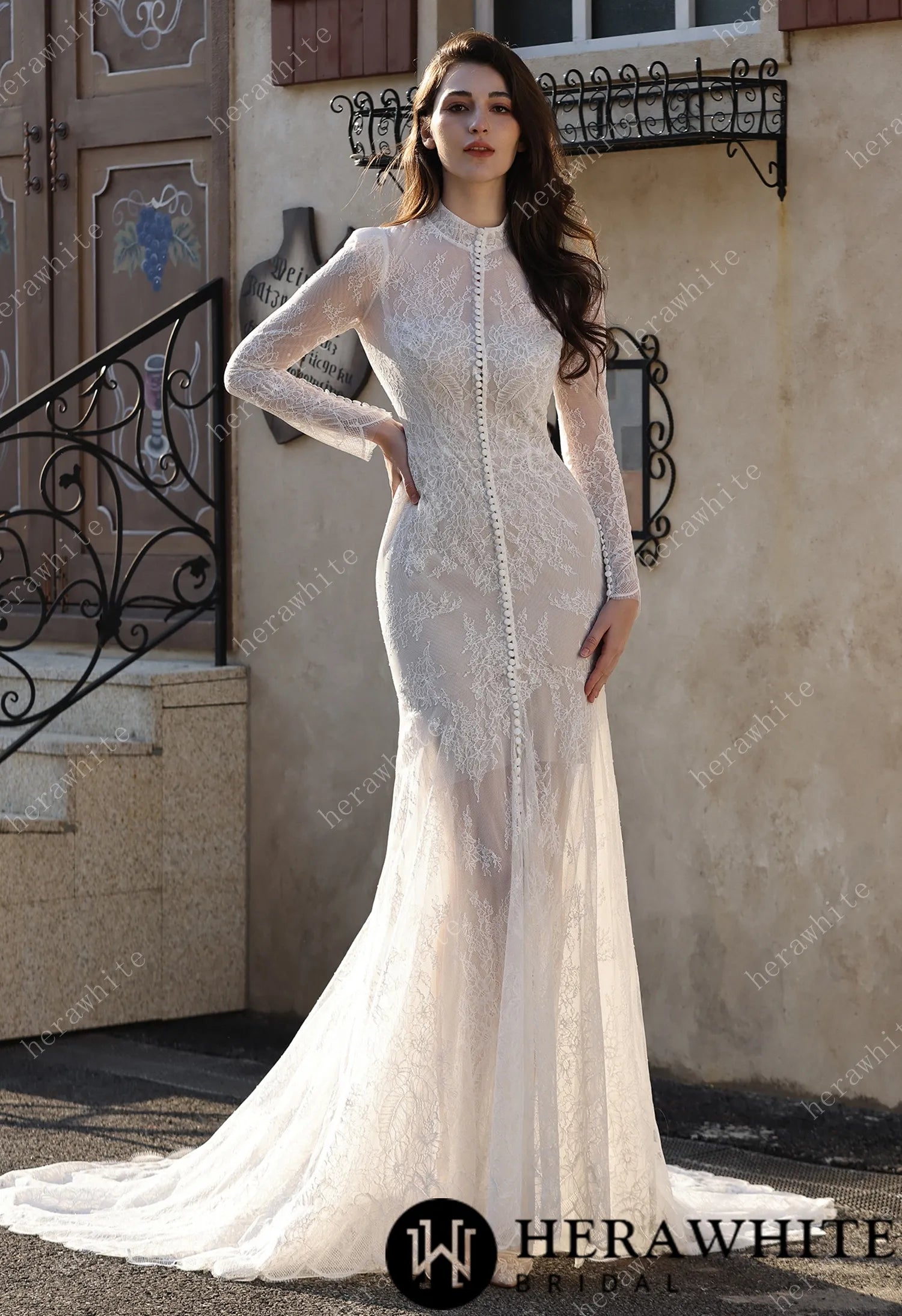 High Neck Lace Overcoat with Short Lined Bridal Ensemble HW3803-L