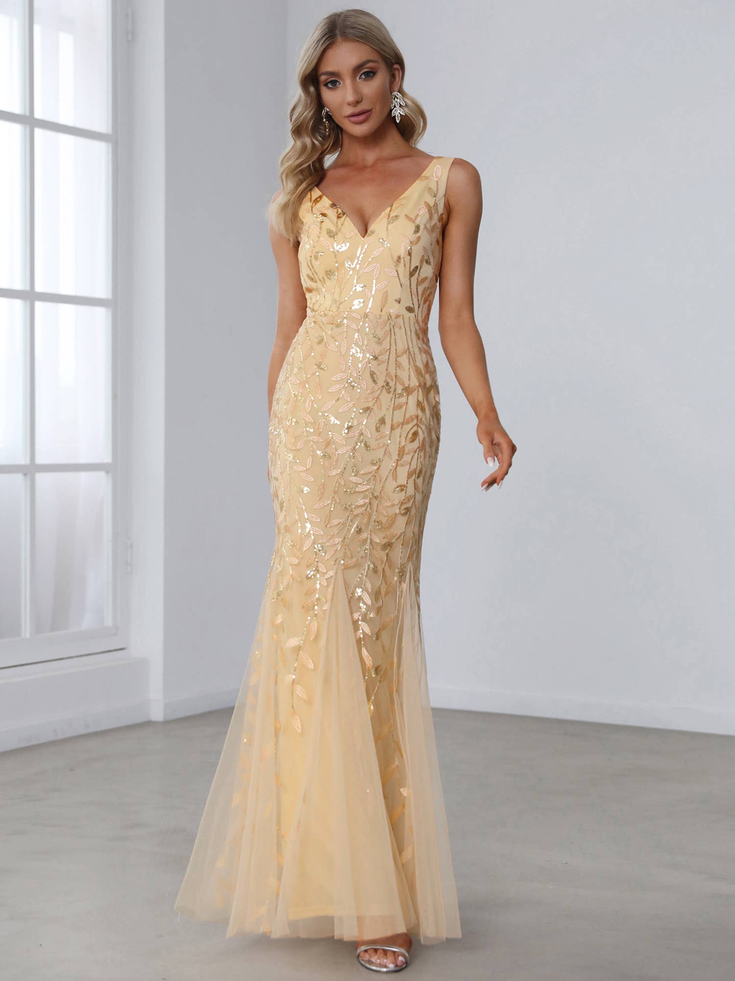 Classic Fishtail Sequin Mesh Evening Dress