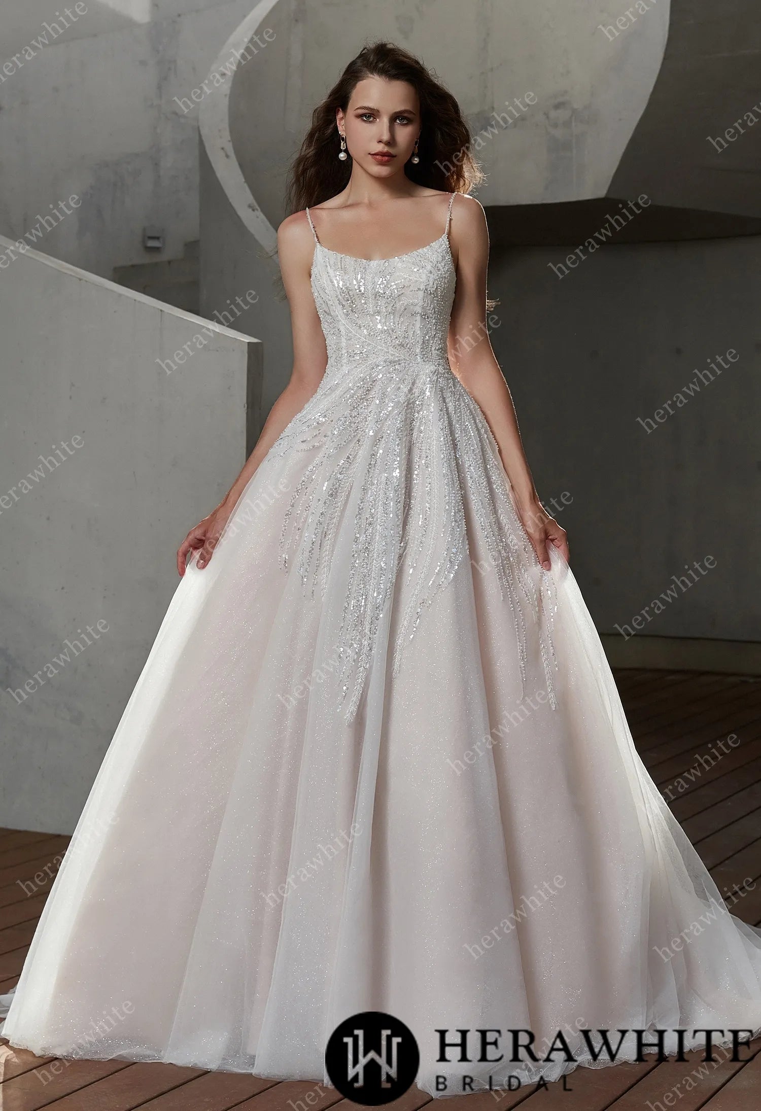 Sparkle Scoop Neckline Wedding Gown with Spaghetti Straps