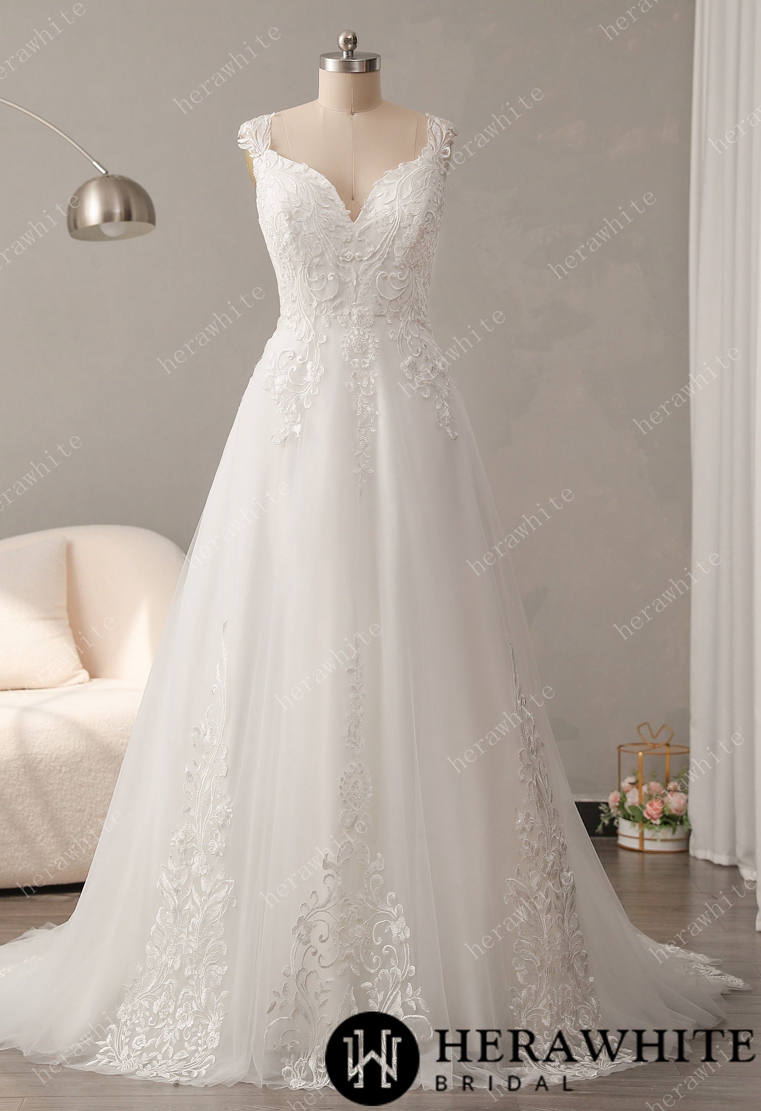 Timeless Lace Wedding Dress with V-neckline