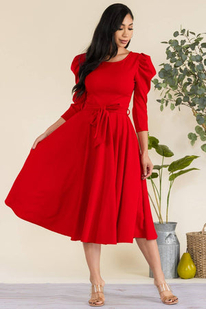 HH698R-LS-S- Puff 3/4 Sleeve Midi Cocktail Dress