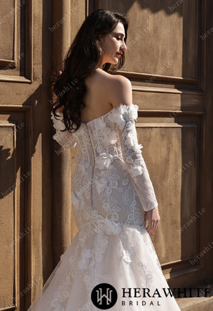 Off-the-Shoulder  3D Flower Lace Fit And Flare Wedding Dress HW3809