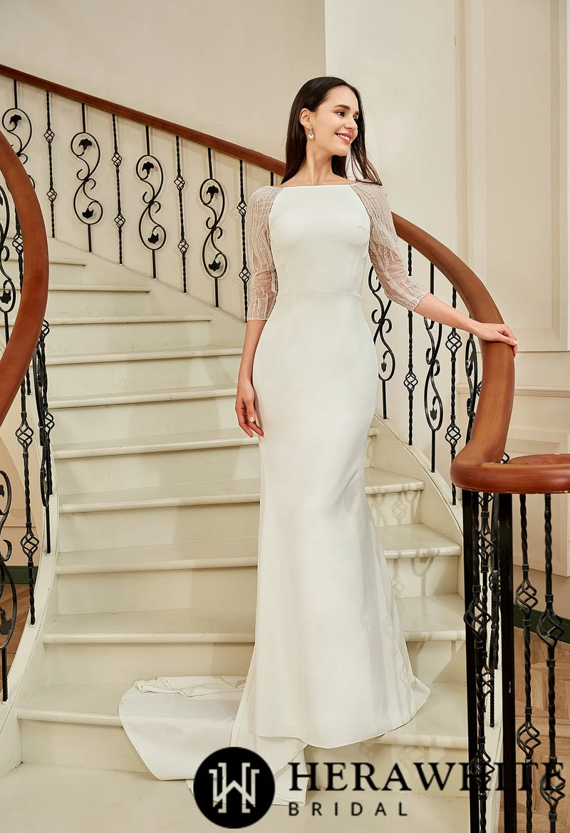 Bateau Neckline Long Train Crepe Bridal Gown With Beaded Illusion Back