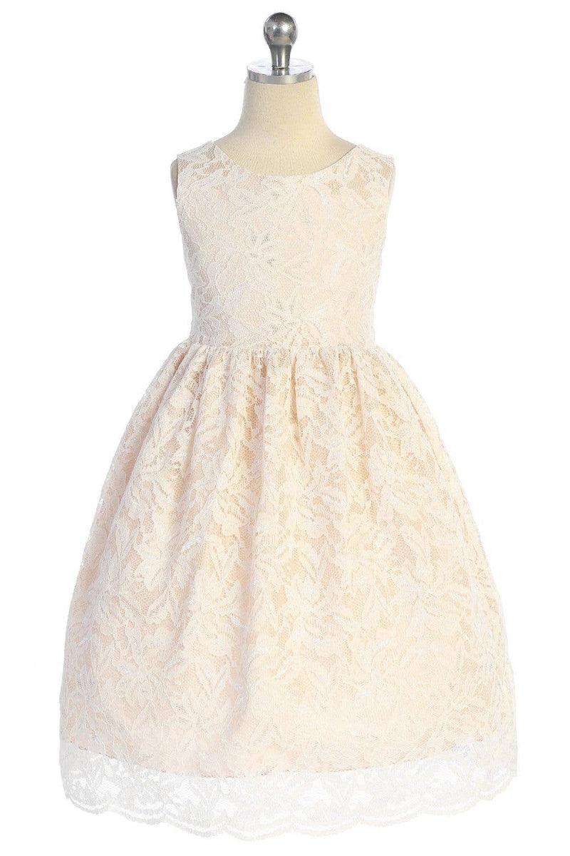 All Lace Girls Dress with V Back & Bow and Plus Sizes