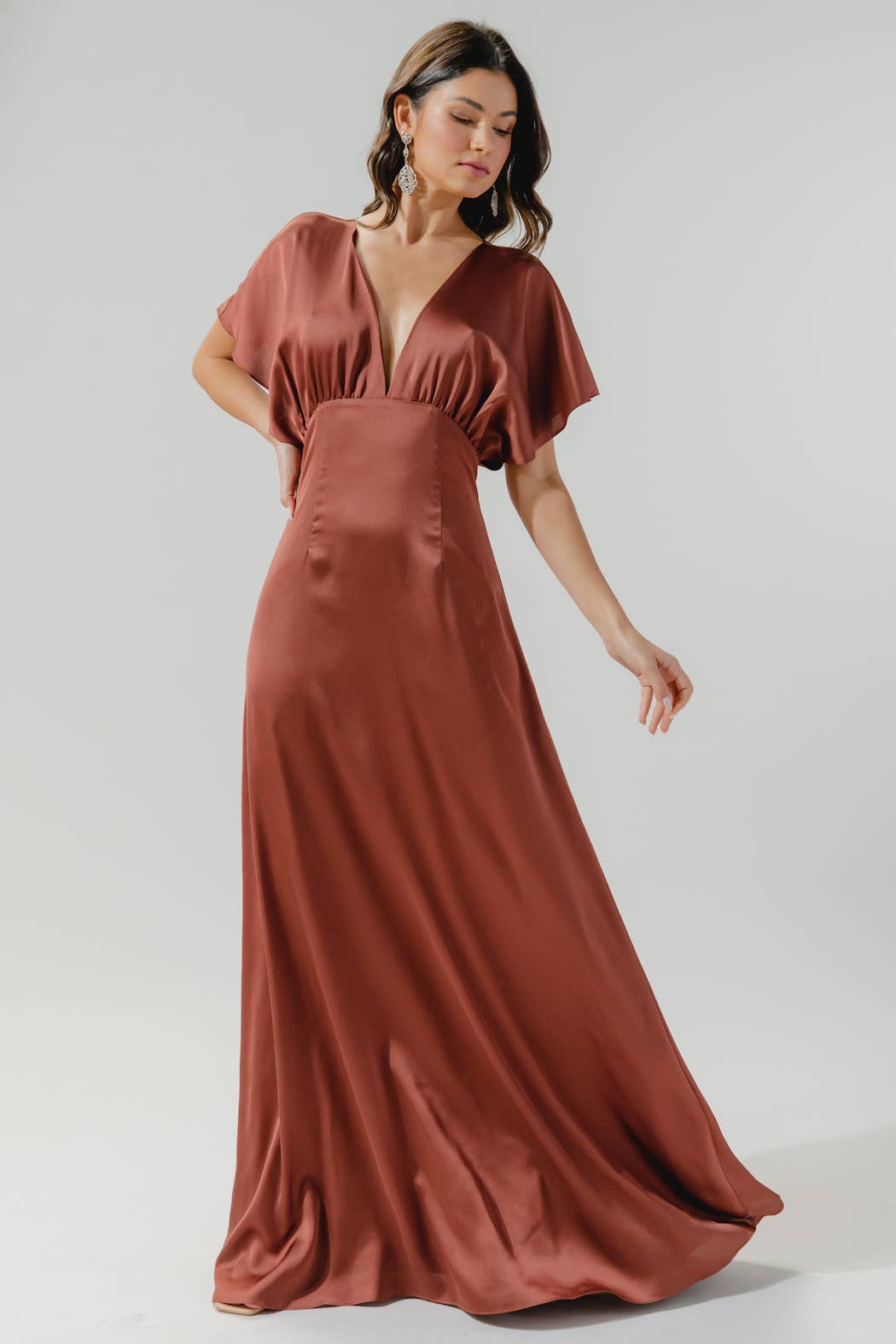 Darling Flutter Sleeve Cut Out Satin Maxi Dress: Champagne / M