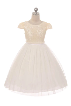 Ivory Sequin Mesh Pleated Girl Dress with Plus Sizes