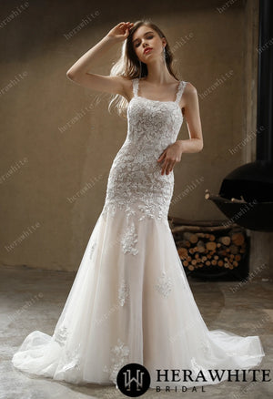 Square Neckline with Lace Straps Mermaid Wedding Gown