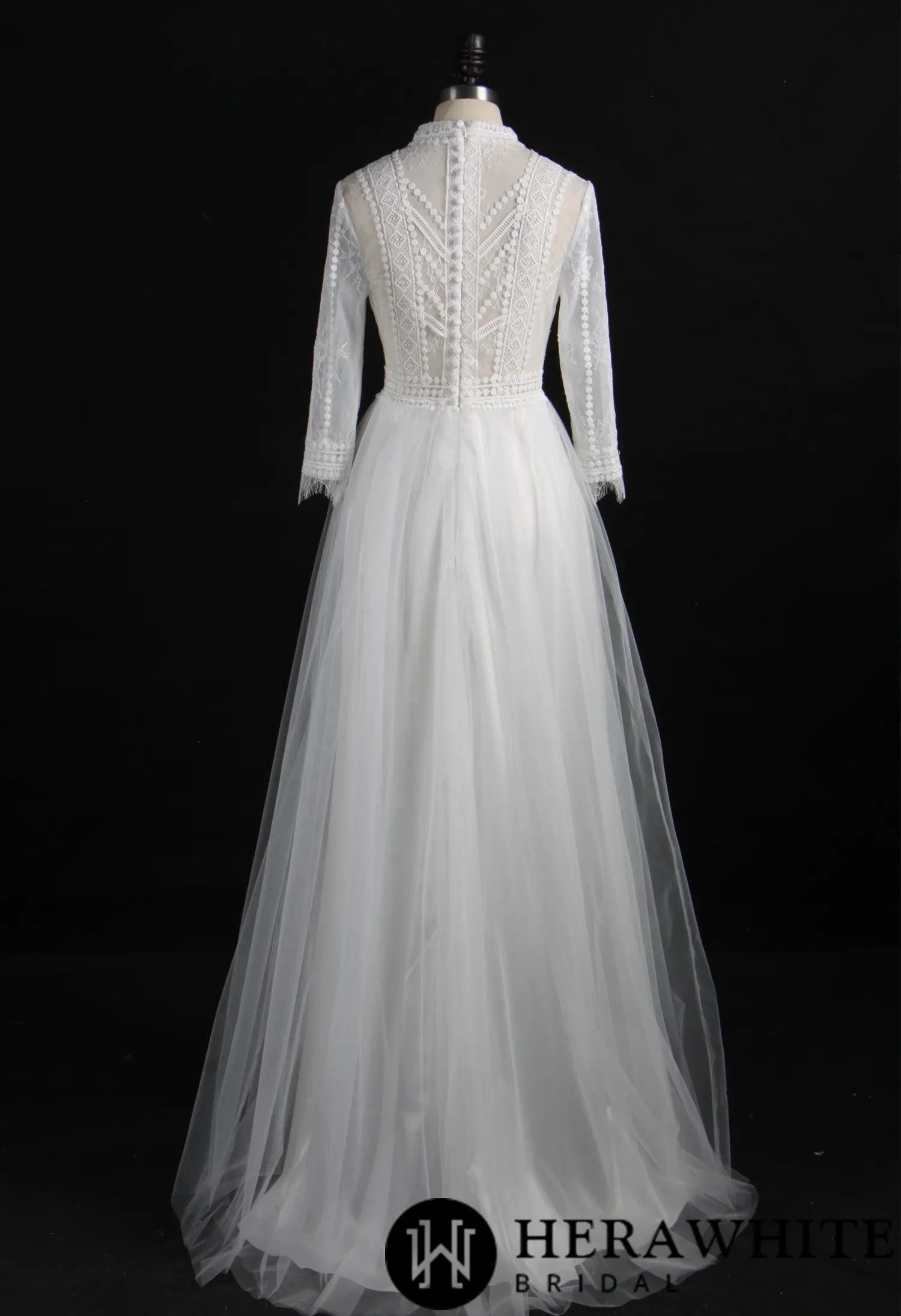 Flowy Long Sleeve High Neck A-Line Wedding Dress
