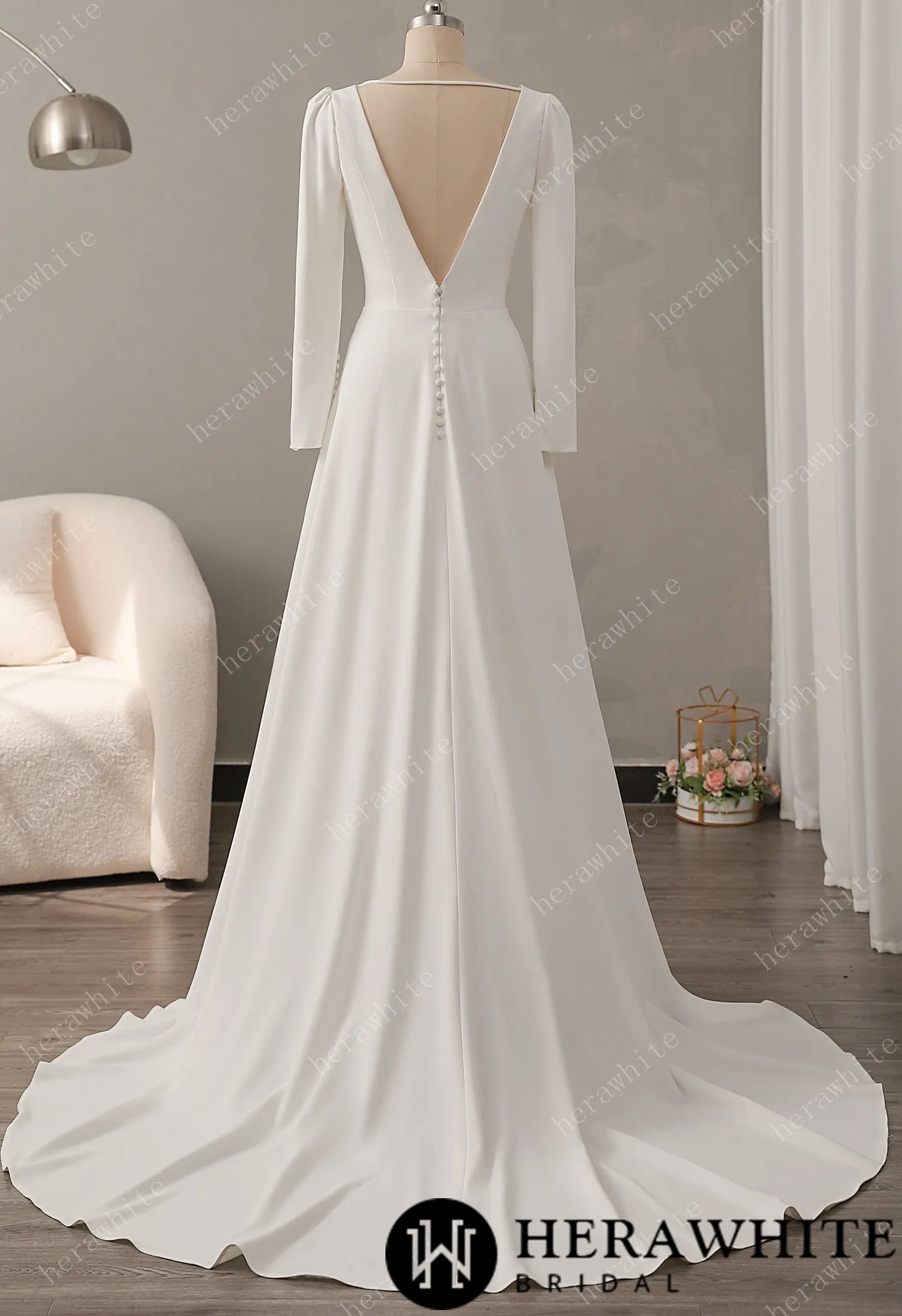 Crepe Plunging V-neckline Wedding Dress with Long Sleeve