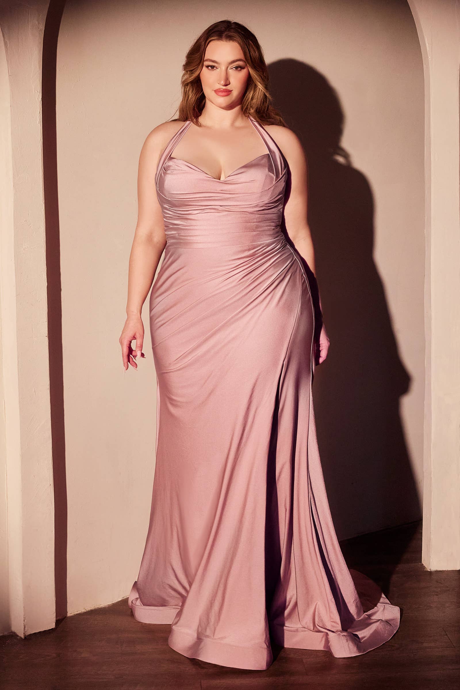 CURVY STETCH SATIN HALTER FITTED DRESS